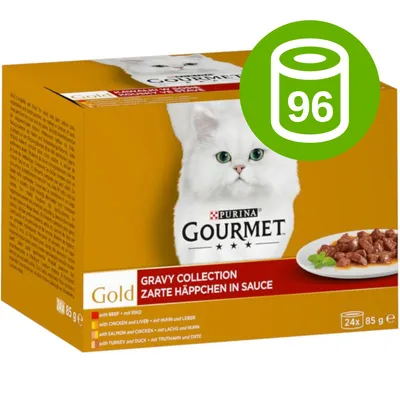 Purina Gourmet Gold Gravy Collection, 24 x 85 g. Na opakowaniu biały kot i talerz z kawałkami w sosie. Zielona ikona z liczbą 96. Purina Gourmet Gold Gravy Collection, 24 x 85 g. Na opakowaniu biały kot i talerz z kawałkami w sosie. Zielona ikona z liczbą 96.