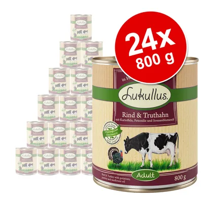 Lukullus Rind & Truthahn, balenie 24×800 g konzerv. Na etikete obrázok kravy a morky, text Adult. Viditeľné: hovädzie a morčacie s obsahom zemiakov, petržlenu a slnečnicového oleja.