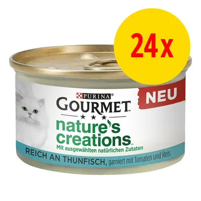 Purina Gourmet Nature's Creations, rik på tonfisk, garnerad med tomater och ris. Med utvalda naturliga ingredienser. Ny. Förpackning med 24 burkar.
