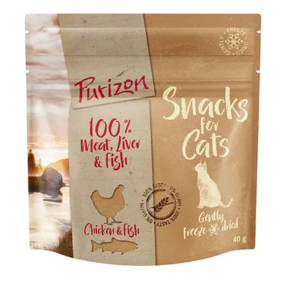 Purizon Snacks for Cats, 100% Meat, Liver & Fish, Chicken & Fish, Gently freeze dried, 40 g. 0% grain, 100% tasty. Tekst på engelsk.