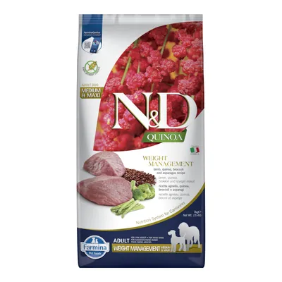 Farmina N&D Quinoa Weight Management jahňacie, quinoa, brokolica a špargľa - výhodné balenie: 2 x 7 kg