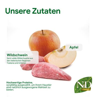 Unsere Zutaten: Wildschwein aus Toskana und Umbrien, Apfel. Hochwertige Proteine für eine ausgewogene Mahlzeit. N&D Prime Logo sichtbar.