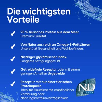 Die wichtigsten Vorteile: 98% tierisches Protein aus dem Meer, reich an Omega-3-Fettsäuren, niedriger glykämischer Index, getreidefreie Rezeptur, eine tierische Proteinquelle.