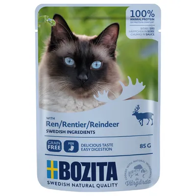 Bozita kattefoder med rensdyr, svenske ingredienser, 100% animalsk protein, kornfri, bidder i sauce, 85g. Svensk naturlig kvalitet, produceret i Vårgårda.