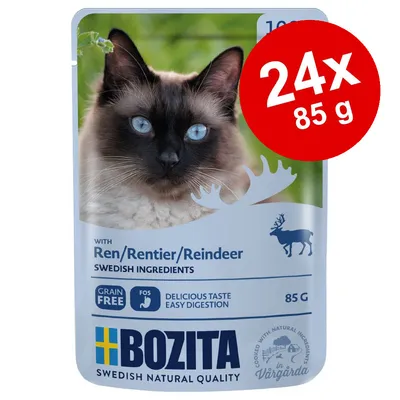 Συσκευασία Bozita με γάτα, 24x85g. Ren/Rentier/Reindeer, Swedish ingredients, grain free, delicious taste easy digestion, 85g. Σουηδική ποιότητα, μαγειρεμένο στη Vårgårda. Συσκευασία Bozita με γάτα, 24x85g. Ren/Rentier/Reindeer, Swedish ingredients, grain free, delicious taste easy digestion, 85g. Σουηδική ποιότητα, μαγειρεμένο στη Vårgårda.