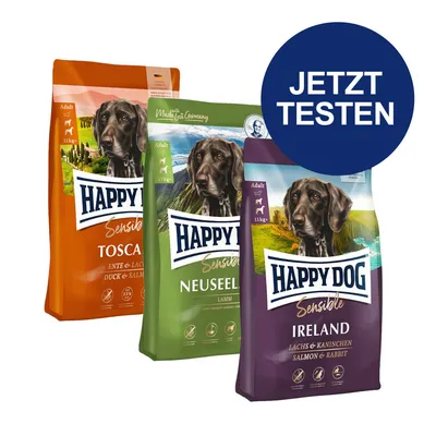 Happy Dog Sensible Trockenfutter für Hunde: Toscana (Ente & Lachs), Neuseeland (Lamm), Ireland (Lachs & Kaninchen). Jetzt testen.
