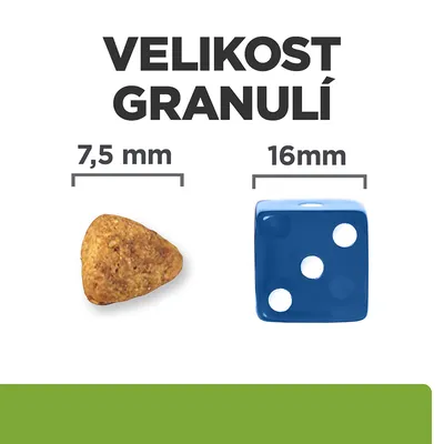 Velikost granulí: granule 7,5 mm vedle modré kostky 16 mm pro porovnání. Text: VELIKOST GRANULÍ, 7,5 mm, 16 mm.