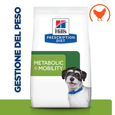 Hill's Prescription Diet Metabolic + Mobility per cani, gestione del peso, immagine di un cane e simbolo arancione di pollo. Testo visibile: GESTIONE DEL PESO. Hill's Prescription Diet Metabolic + Mobility per cani, gestione del peso, immagine di un cane e simbolo arancione di pollo. Testo visibile: GESTIONE DEL PESO.