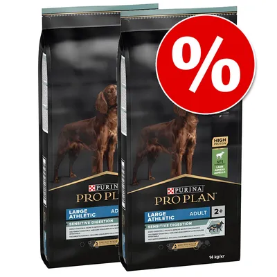 PURINA PRO PLAN Large Athletic Adult Sensitive Digestion 2×14 kg kutyatáp csomag, bárány, magas fehérjetartalom, akciós jelzés (%) a képen