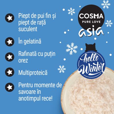 COSMA PURE LOVE asia. Piept de pui fin și piept de rață suculent, în gelatină, rafinată cu puțin orez, multiproteică. Pentru momente de savoare în anotimpul rece! hello Winter