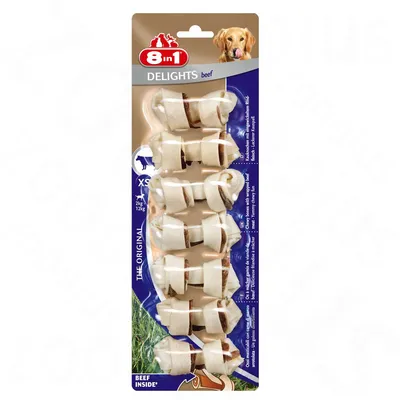 Opakowanie 8in1 Delights beef XS, sześć kości do żucia dla psów, widoczny napis 'beef inside', przeznaczone dla psów 2–12 kg. Na opakowaniu zdjęcie psa i logo 8in1. Opakowanie 8in1 Delights beef XS, sześć kości do żucia dla psów, widoczny napis 'beef inside', przeznaczone dla psów 2–12 kg. Na opakowaniu zdjęcie psa i logo 8in1.