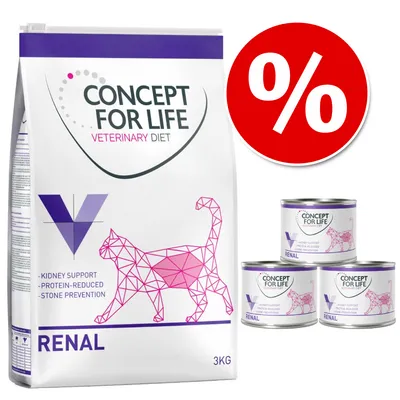 Concept for Life Veterinary Diet Renal cat food, 3kg bag and three tins. Visible text: Kidney support, protein-reduced, stone prevention. Red percentage discount symbol shown.