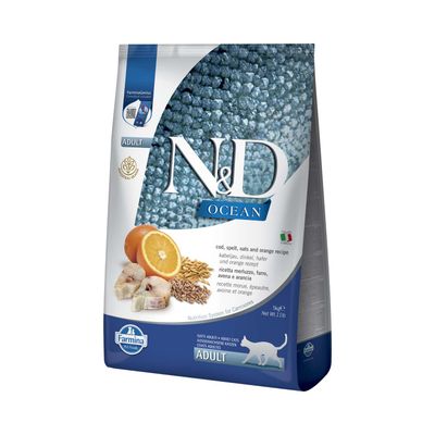 N&D Ocean Adult treska, špalda, ovos a pomaranč receptúra. Farmina Pet Foods. Pre dospelé mačky. Čistá hmotnosť 1,5 kg.