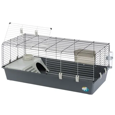 Häkki pienille lemmikeille, metalliverkko ja muovipohja, mukana juomapullo, ruokakuppi ja muovinen pesäkoppi, avattava yläosa.