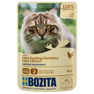 Bozita kattefoder med ekstra kylling, svenske ingredienser, kornfri, FOS for let fordøjelse, 100% animalsk protein, bidder i sauce, 85g pakke.