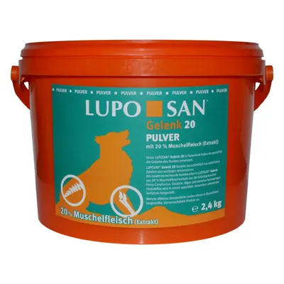 Lupo San Gelenk 20 powder with 20% mussel meat extract, 2.4 kg tub. Product label shows dosage icons and text in German describing joint support ingredients.