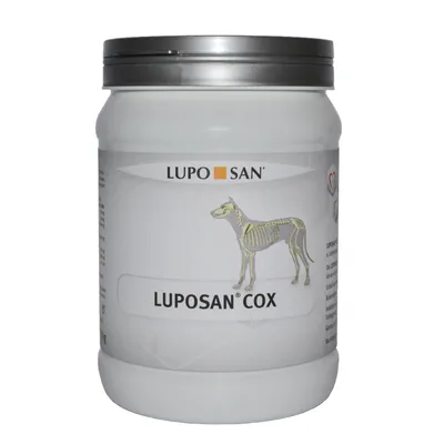 Plastična posoda z napisom LUPOSAN COX, blagovna znamka LUPO SAN, na etiketi je narisan skelet psa.