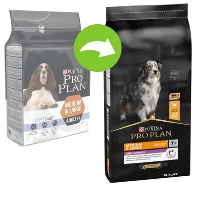 To poser Purina Pro Plan Medium & Large Adult 7+ hundefoder, ældre og ny emballage vises side om side med grøn pil mellem. Synlig tekst: HIGH PROTEIN, NO ADDED COLOURANTS, 14 kg/kr.