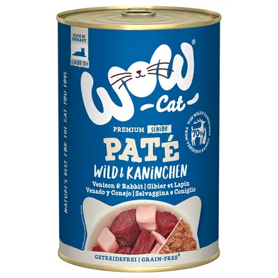 WOW Cat Premium Senior Paté Wild & Kaninchen, venison & rabbit, 70% from venison & rabbit, grain-free, made in Germany, for senior 10+ cats. Visible meat pieces and paté on label.