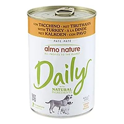 Almo Nature Daily Pate med kalkon, naturliga ingredienser, 400g burk. Bild visar förpackning med hund och valp. Almo Nature Daily Pate med kalkon, naturliga ingredienser, 400g burk. Bild visar förpackning med hund och valp.