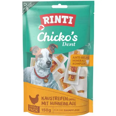 RINTI Chicko's Dent tyggepinde small med kyllingefyld, anti-belæg mineral-kompleks, fordelspakke 150 g, til tandpleje, bæredygtig emballage af genanvendt materiale.