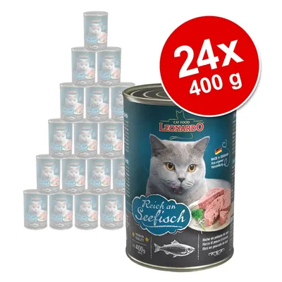 Zestaw 24 puszek karmy dla kotów Leonardo Reich an Seefisch, każda po 400 g. Widoczna etykieta z rybą i napisem „Cat Food Leonardo”.