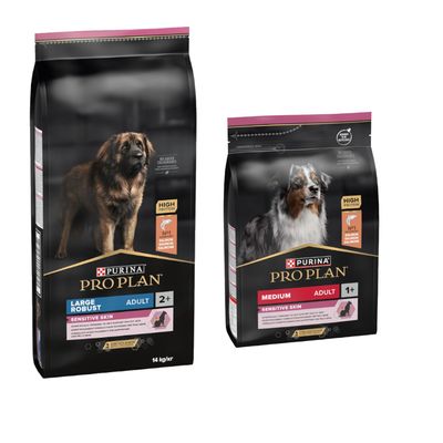 14 + 3 kg gratis! 14kg Purina Pro Plan hrană uscată pentru câini Large Adult Robust Sensitive Skin Somon + Medium Adult Sensitive Skin
