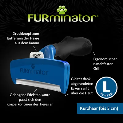 FURminator za kratko dlako (do 5 cm), velikost L, ergonomski nedrseč ročaj, gumb za odstranjevanje dlak, ukrivljen rob iz nerjavečega jekla se prilagaja telesu.