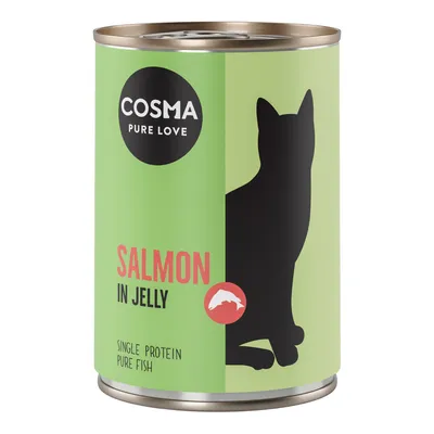 Lata de Cosma Pure Love, texto visible: SALMON IN JELLY, SINGLE PROTEIN PURE FISH. Silueta de gato y símbolo de pez en la etiqueta.