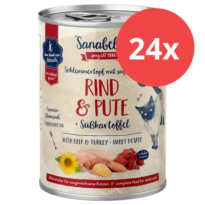 Sanabelle Schlemmertopf con ternera, pavo y batata. Sin cereales añadidos. Alimento completo para gatos adultos. El paquete contiene 24 latas. Sanabelle Schlemmertopf con ternera, pavo y batata. Sin cereales añadidos. Alimento completo para gatos adultos. El paquete contiene 24 latas.