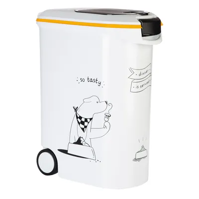 Contenitore per mangime bianco con coperchio nero, chiusura gialla e illustrazioni: cane con sciarpa, testo 'so tasty' e 'dinner is served'. Contenitore su ruote.