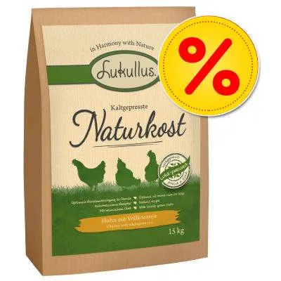 Balení Lukullus Kaltegepresste Naturkost, Huhn mit Vollei, 15 kg. Žlutý symbol procenta v pravém horním rohu.
