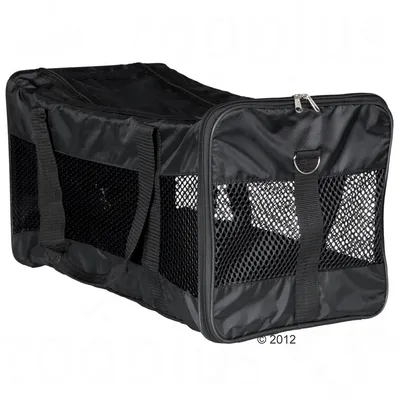 Black soft-sided carrier with mesh panels, zip closure and carrying handles, designed for transporting pets. Mesh sides provide ventilation and visibility.