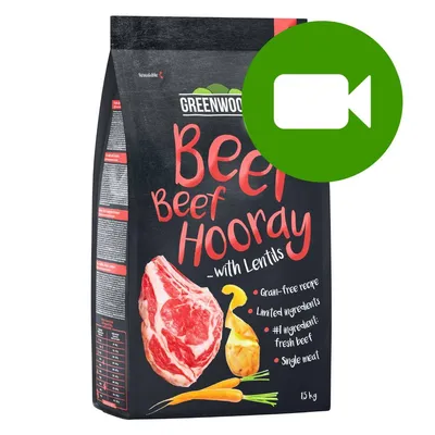 Przycisk odtwarzania wideo. Kliknij tutaj, aby obejrzeć film dotyczący produktu Greenwoods Beef Beef Hooray with Lentils 1,5 kg.