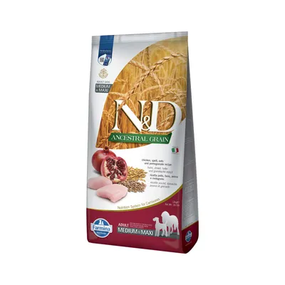 N&D Ancestral Grain Adult Dog Medium & Maxi, kuracie, špalda, ovos a granátové jablko. Farmina Pet Foods. Výživový systém pre mäsožravce. N&D Ancestral Grain Adult Dog Medium & Maxi, kuracie, špalda, ovos a granátové jablko. Farmina Pet Foods. Výživový systém pre mäsožravce.