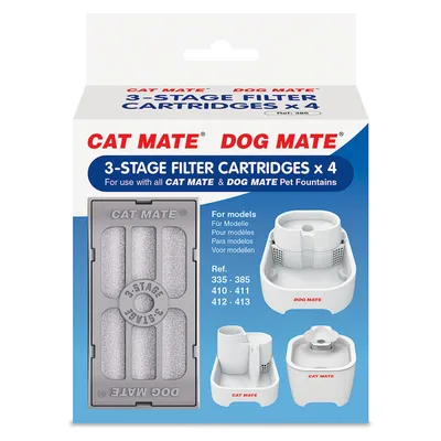 Cat Mate y Dog Mate cartuchos de filtro de 3 etapas x4, compatibles con modelos 335, 385, 410, 411, 412, 413. Aptos para fuentes Cat Mate y Dog Mate. Cat Mate y Dog Mate cartuchos de filtro de 3 etapas x4, compatibles con modelos 335, 385, 410, 411, 412, 413. Aptos para fuentes Cat Mate y Dog Mate.