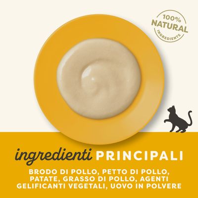 100% natural ingredients. Ingredienti principali: brodo di pollo, petto di pollo, patate, grasso di pollo, agenti gelificanti vegetali, uovo in polvere.