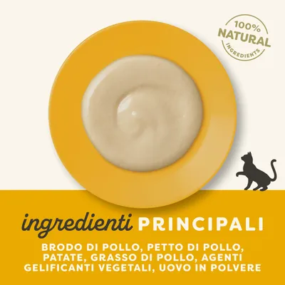 100% natural ingredients. Ingredienti principali: brodo di pollo, petto di pollo, patate, grasso di pollo, agenti gelificanti vegetali, uovo in polvere.