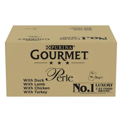 Box showing Purina Gourmet Perle with duck, lamb, chicken and turkey. Contains 96 x 85g portions. Labelled as No.1 luxury cat food brand.