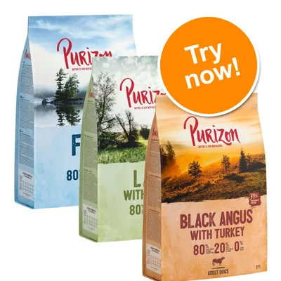 Three Purizon dog food bags: Fish 80%, Lamb with 80%, Black Angus with Turkey 80% 20% 0%. Orange badge reads 'Try now!'. Visible text only, no further details shown.