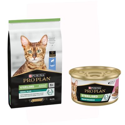 Purina Pro Plan Sterilised pour chat, sachet Renal Plus et boîte Maintenance. Texte visible : Bi-nutrition, isfm, No1 Turkey Dinde Hindi Eti, Designed to be recyclable.