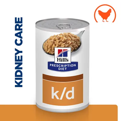 Hill's Prescription Diet k/d konzerva, natpis KIDNEY CARE, slika hrane na žlici, narančasta ikona kokoši u kutu.