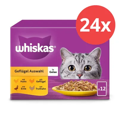 Whiskas Geflügel Auswahl in Gelee, Sorten: mit Huhn, Geflügel, Ente und Truthahn. Packung enthält 24 Portionen à 12x. Whiskas Geflügel Auswahl in Gelee, Sorten: mit Huhn, Geflügel, Ente und Truthahn. Packung enthält 24 Portionen à 12x.