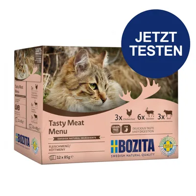 Bozita Tasty Meat Menu, 12x85g. Fleischmenü mit schwedischen natürlichen Zutaten: 3x Hühnerleber, 6x Rentier, 3x Rind. Grain-free Rezept, Made in Sweden. Jetzt testen.