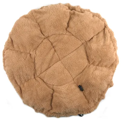 Rundes, braunes Plüschkissen mit gestepptem Design und weicher Oberfläche.