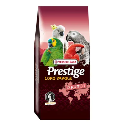 Versele-Laga Prestige Loro Parque Parrot. Vogelvoer voor papegaaien met steun van Loro Parque Fundación, verpakking toont verschillende papegaaiensoorten.