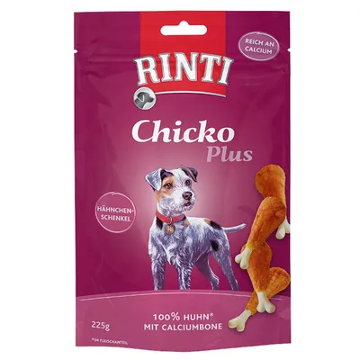 Rinti Chicko Plus pulpe de pui, bogat în calciu, 225g, 100% pui cu os de calciu. Ambalajul prezintă un câine și pulpe de pui.