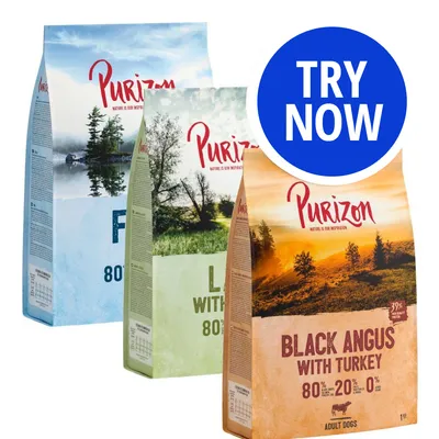 Three Purizon food bags with visible flavours: Fish, Lamb with Chicken, and Black Angus with Turkey. Blue circle with white text reads 'Try Now'.