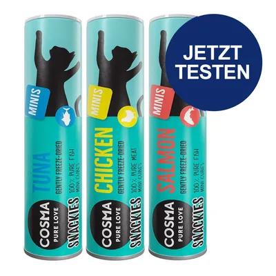 Cosma Snackies Minis, gefriergetrocknet, Sorten: Thunfisch, Huhn, Lachs. 100% reines Fleisch oder Fisch in Miniwürfeln. Jetzt testen.