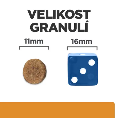 Porovnanie veľkosti granule 11 mm a modrej kocky 16 mm, text v češtine: VELIKOST GRANULÍ. Vizualizácia rozmerov pre lepšiu predstavu o produkte.